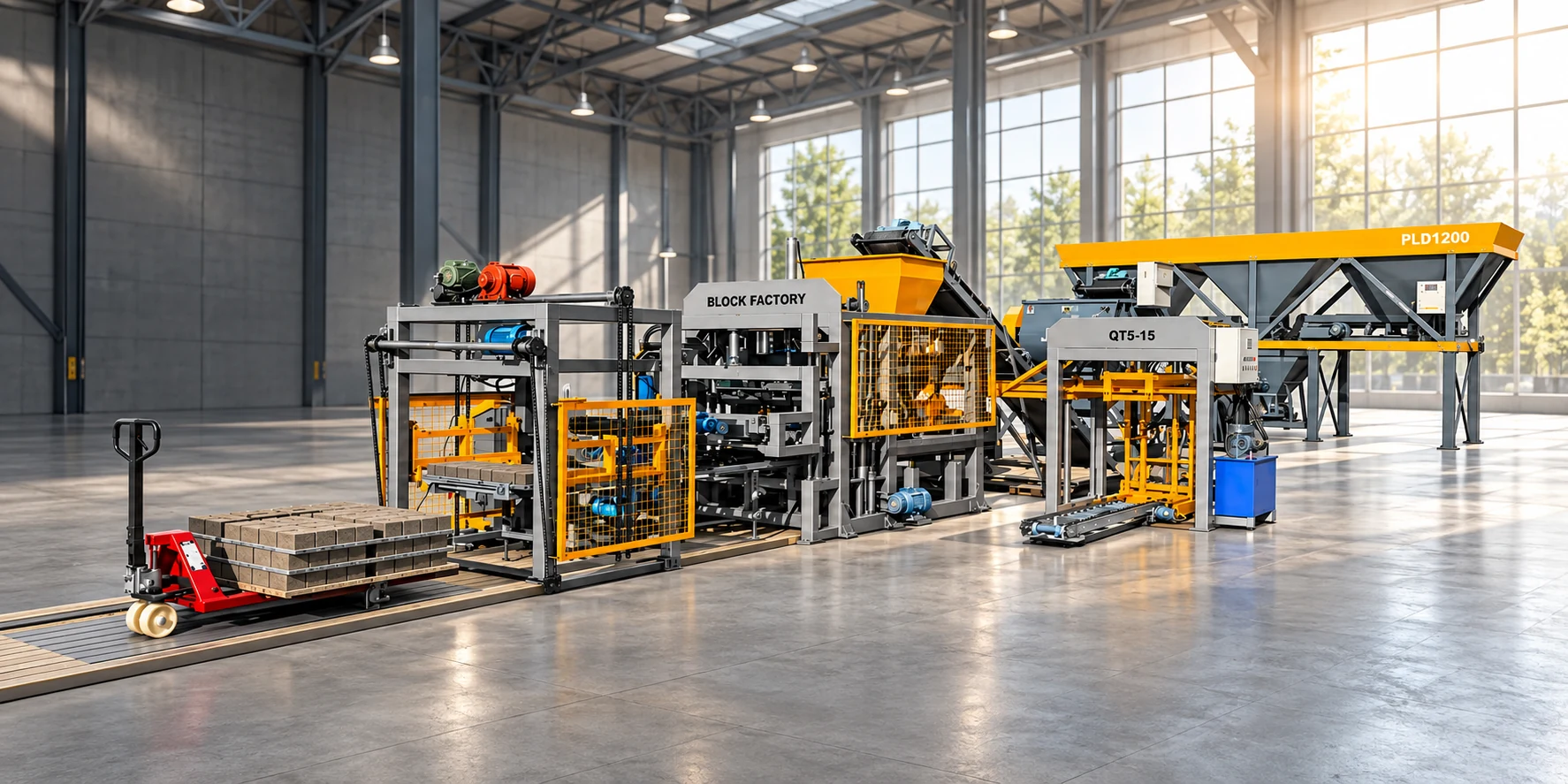 The Block Factory QT5-15 production line in a bright factory hall, from the PLD1200 batching station to the stacker and a pallet of blocks.