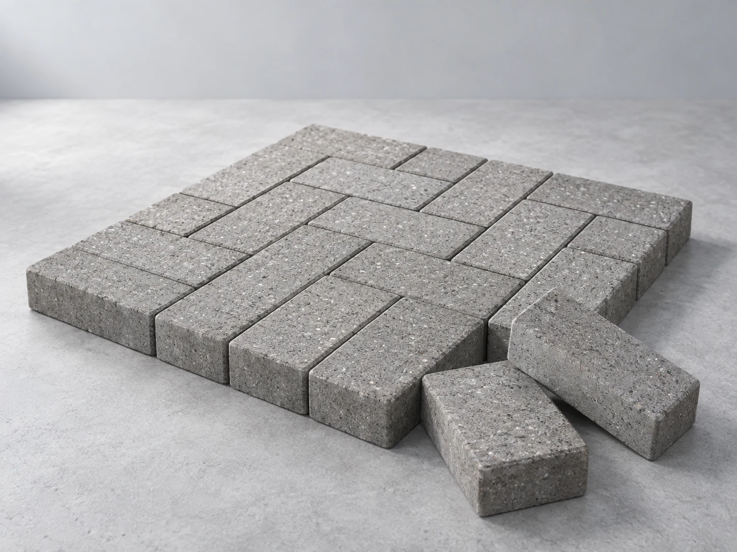 Grey rectangular concrete paving blocks laid in a herringbone-style pattern, with two loose pavers beside them.