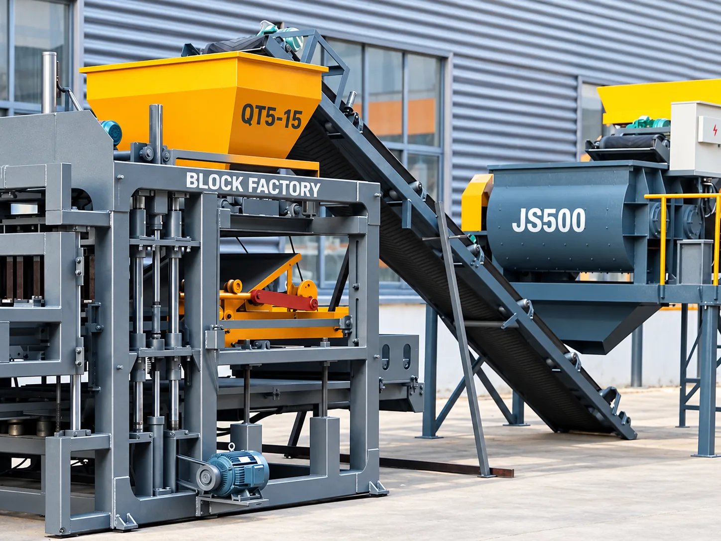 QT5-15 main machine with yellow QT5-15 hopper, inclined feeding conveyor and JS500 mixer.