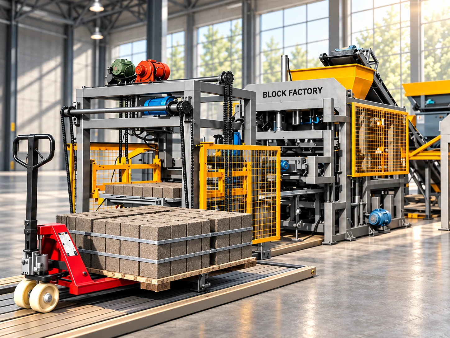 The output end of the line: a stacked pallet of concrete blocks on a pallet truck beside the stacker and QT5-15 main machine.